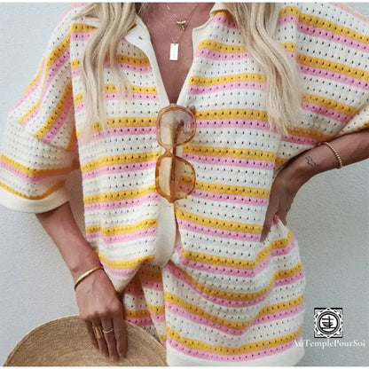 ’Éclat Pastel’ Ensemble Décontracté En Tricot Rayé – Cardigan Et Short Ensemble-Femme