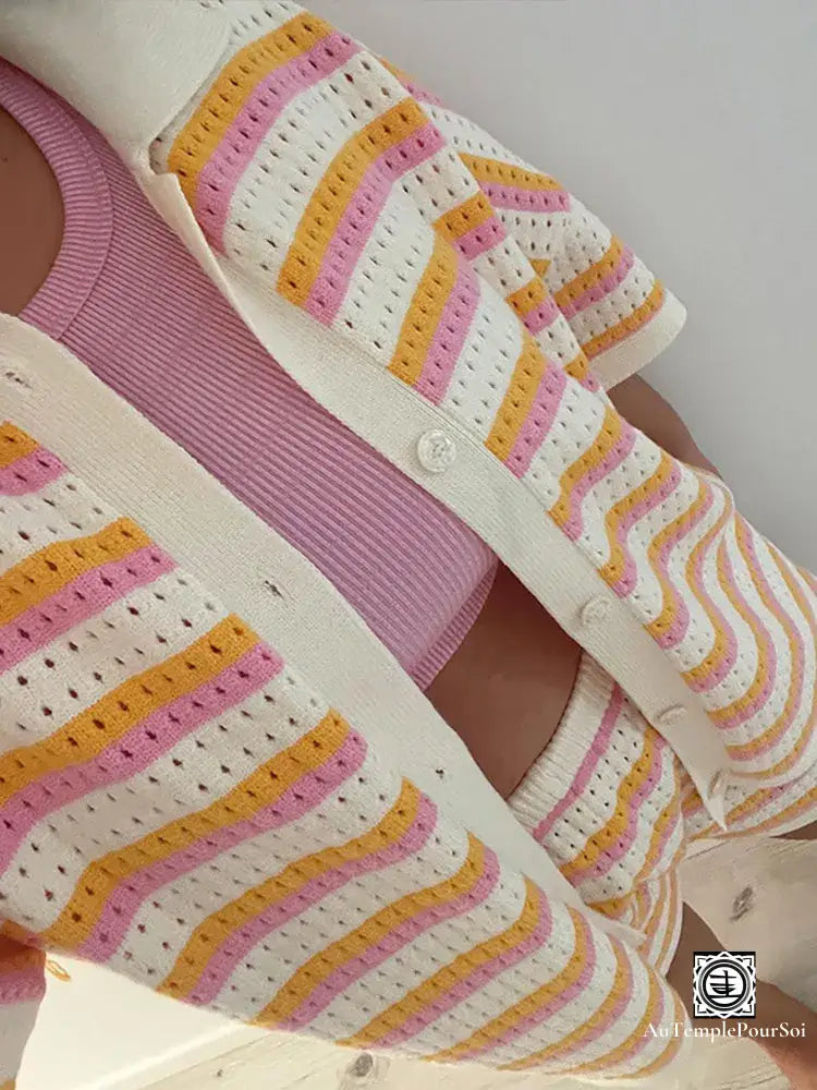 ’Éclat Pastel’ Ensemble Décontracté En Tricot Rayé – Cardigan Et Short Ensemble-Femme