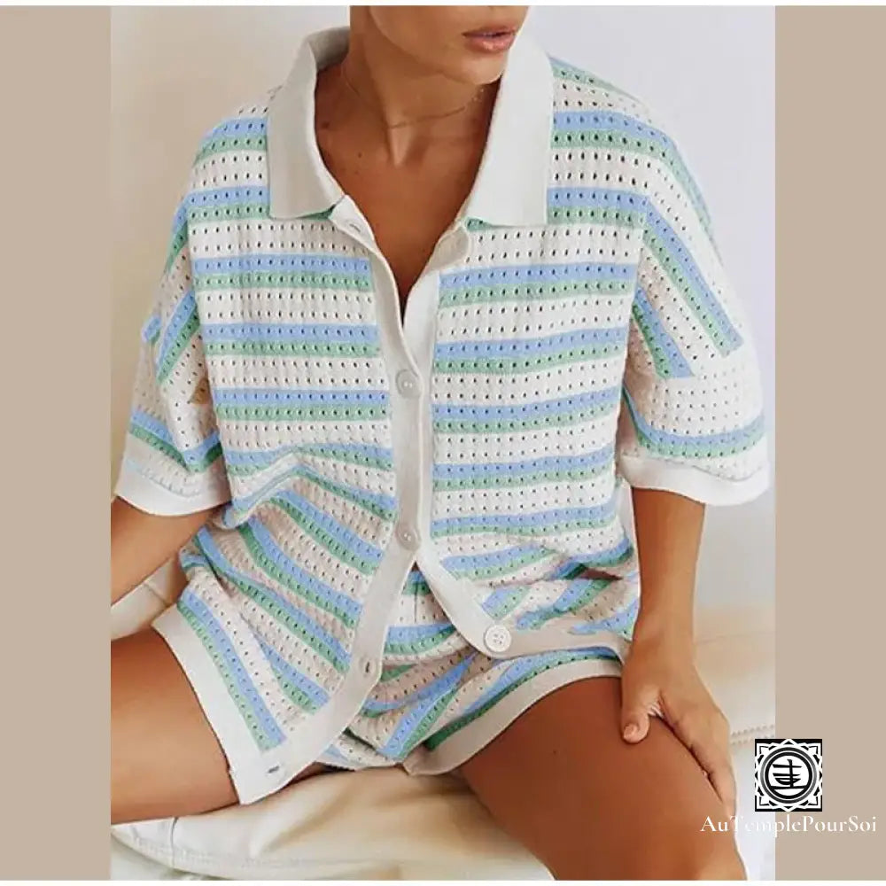 ’Éclat Pastel’ Ensemble Décontracté En Tricot Rayé – Cardigan Et Short Ensemble-Femme