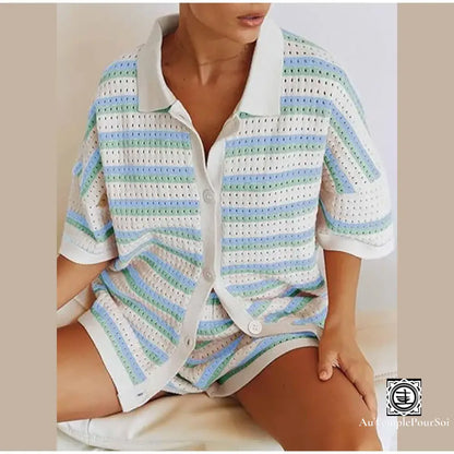 ’Éclat Pastel’ Ensemble Décontracté En Tricot Rayé – Cardigan Et Short Ensemble-Femme