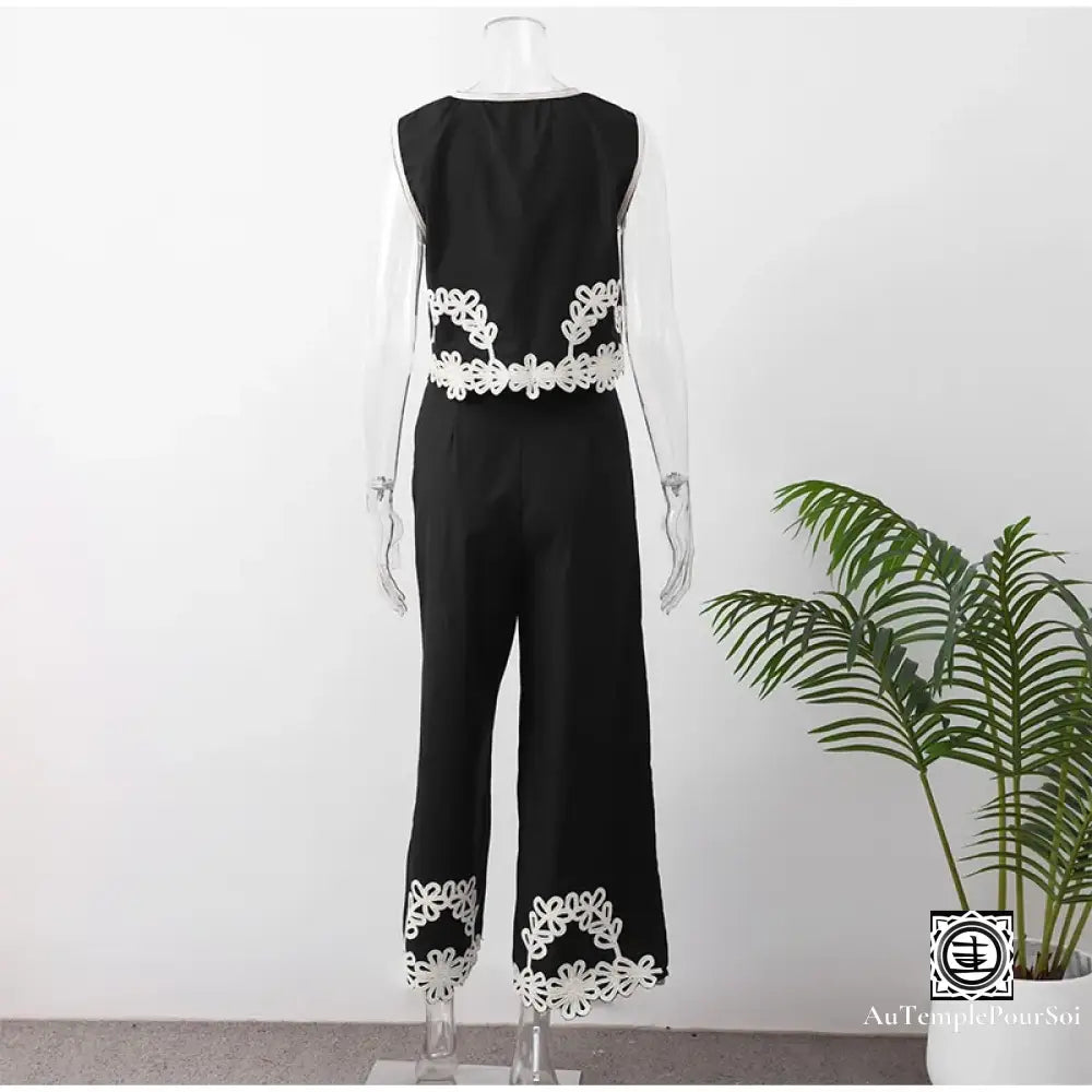 ’Élégance Contrastée’ Ensemble Chic Noir Et Blanc – Haut Col V Pantalon Large Ensemble-Femme