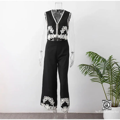 ’Élégance Contrastée’ Ensemble Chic Noir Et Blanc – Haut Col V Pantalon Large Ensemble-Femme