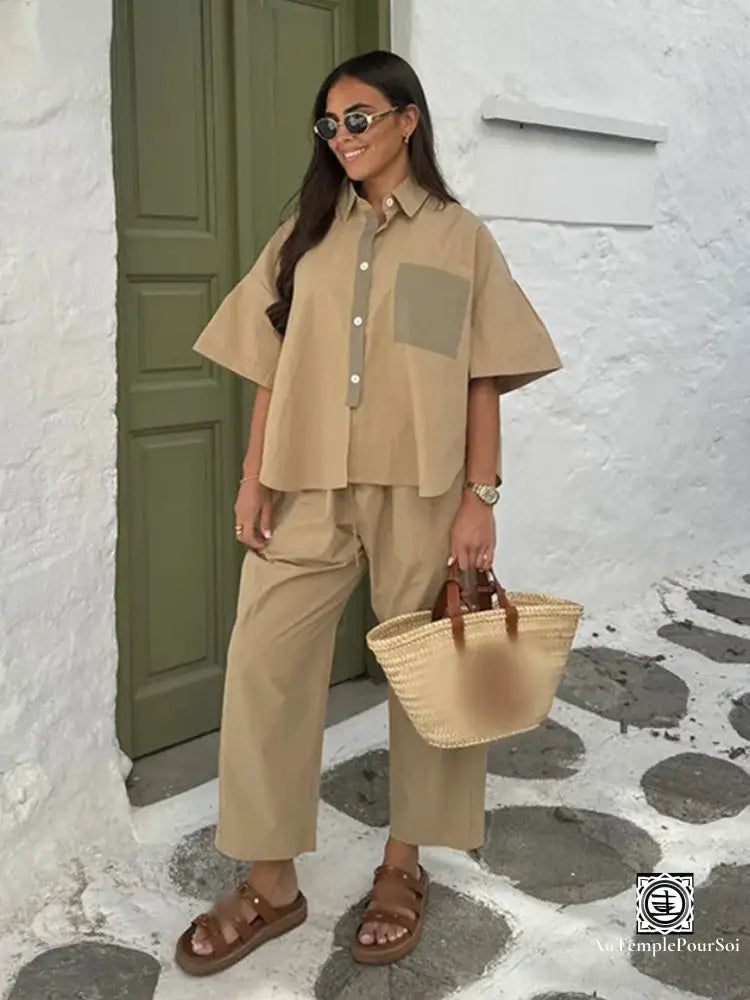 ’Élégance Nomade’ Ensemble Streetwear Élégant – Chemise Et Pantalon À Jambes Larges Ensemble-Femme