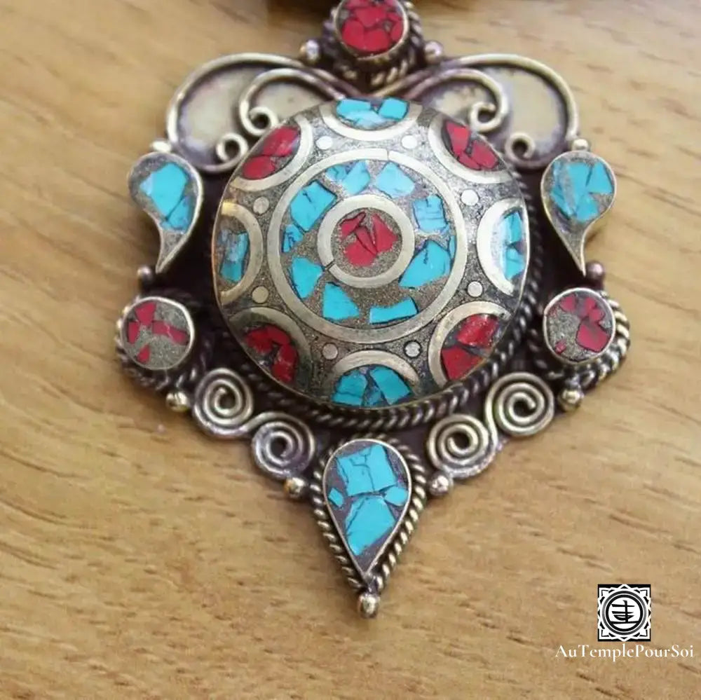 ’Floraison D’éveil’ - Collier Pendentif Fleur En Laiton Avec Turquoise Et Corail Pendentif - Tibet