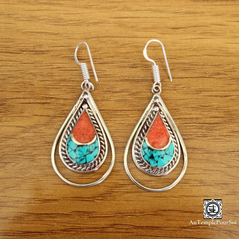 ’Harmonie De Kathmandu’ - Boucles D’oreilles Turquoise Et Corail Boucle - Oreille - Tibetain