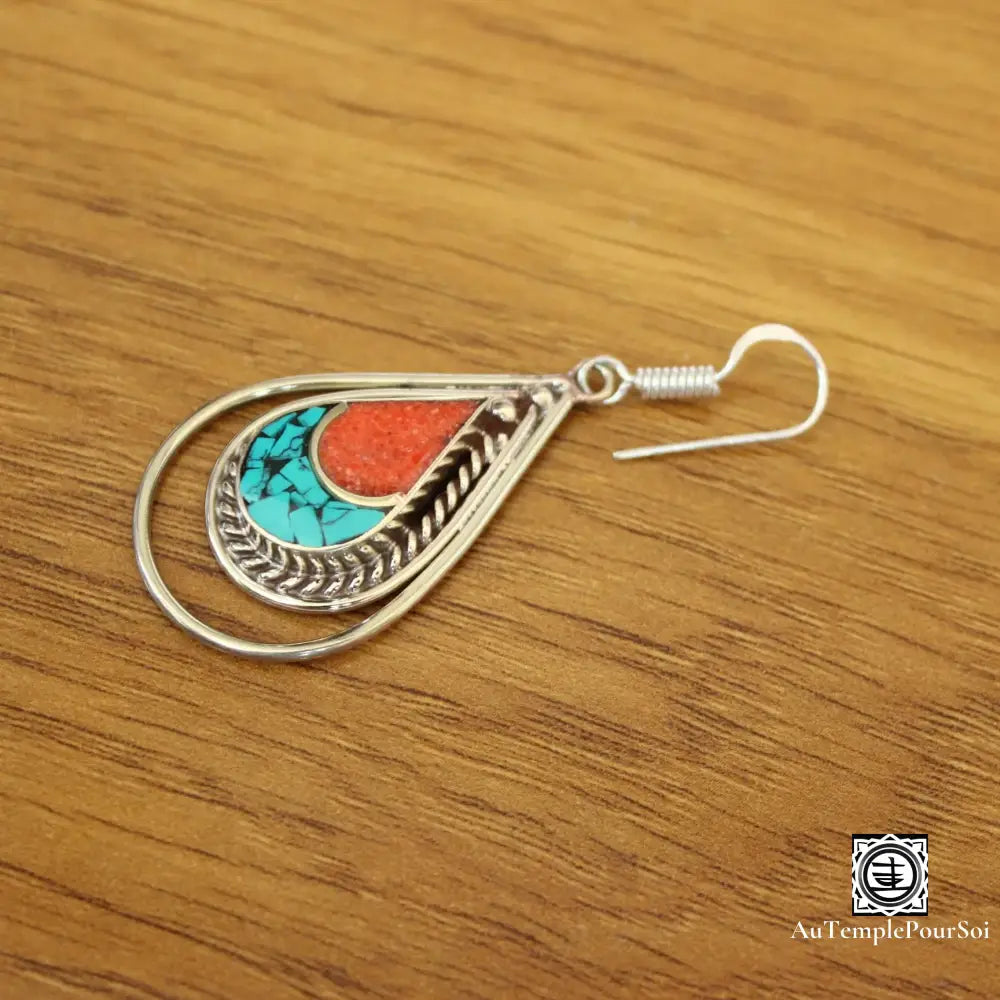 ’Harmonie De Kathmandu’ - Boucles D’oreilles Turquoise Et Corail Boucle - Oreille - Tibetain