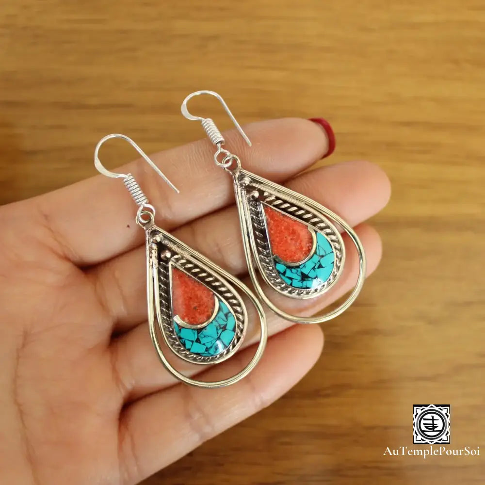 ’Harmonie De Kathmandu’ - Boucles D’oreilles Turquoise Et Corail Boucle - Oreille - Tibetain