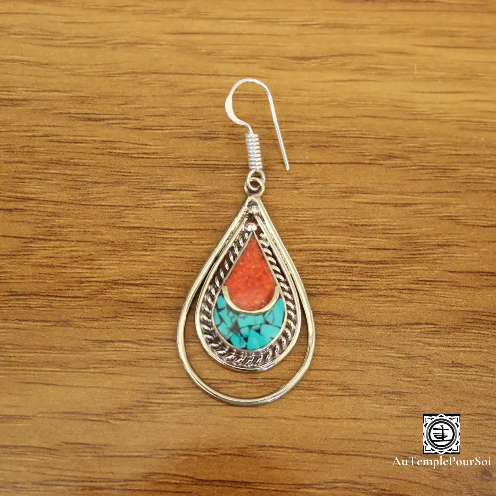 ’Harmonie De Kathmandu’ - Boucles D’oreilles Turquoise Et Corail Boucle - Oreille - Tibetain