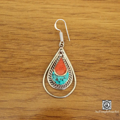 ’Harmonie De Kathmandu’ - Boucles D’oreilles Turquoise Et Corail Boucle - Oreille - Tibetain