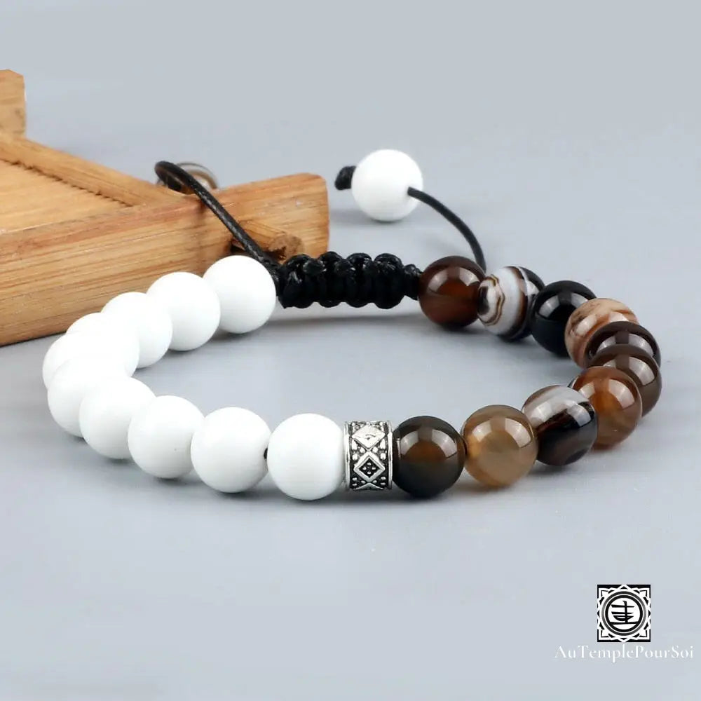 ’Harmonie Naturelle’ Bracelet D’equilibre En Quartz Neige Et Pierres Naturelles Agate Noir /