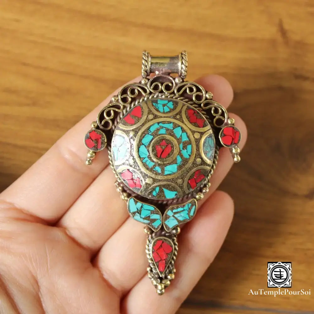 ’Harmonie Précieuse’ - Pendentif Tortue En Laiton Avec Turquoise Et Corail Rouge Pendentif - Tibet