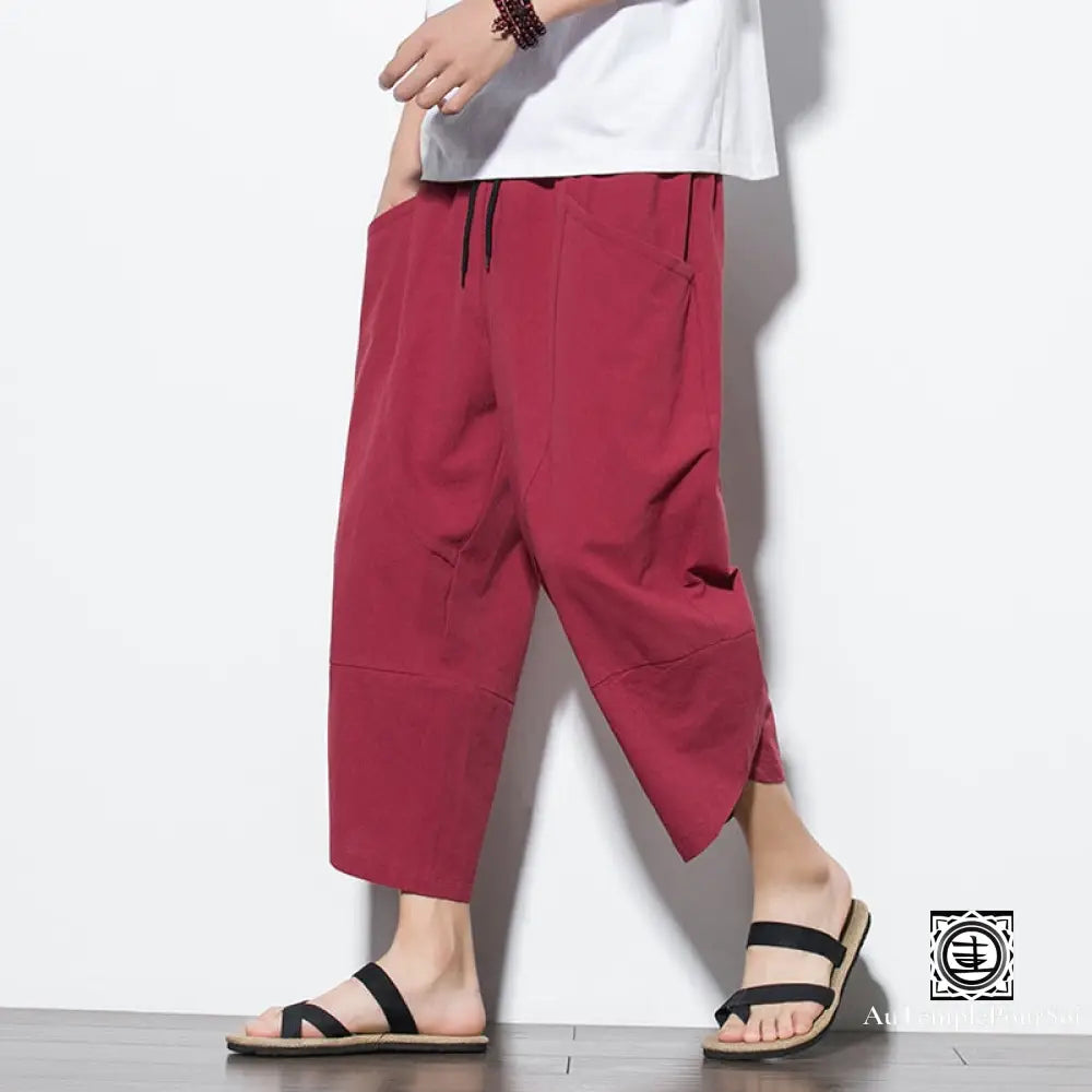 ’Jiajing’ Pantalon En Lin Et Coton M - (50-60Kg) / Rouge Offerte Bas-Homme