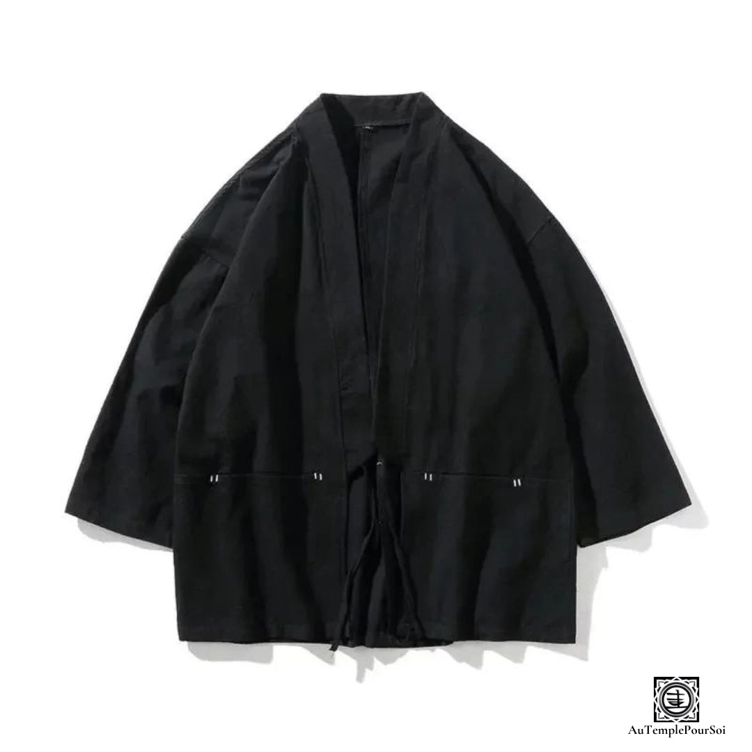 kimono-noir-unisexe-coton-lin-style-minimaliste