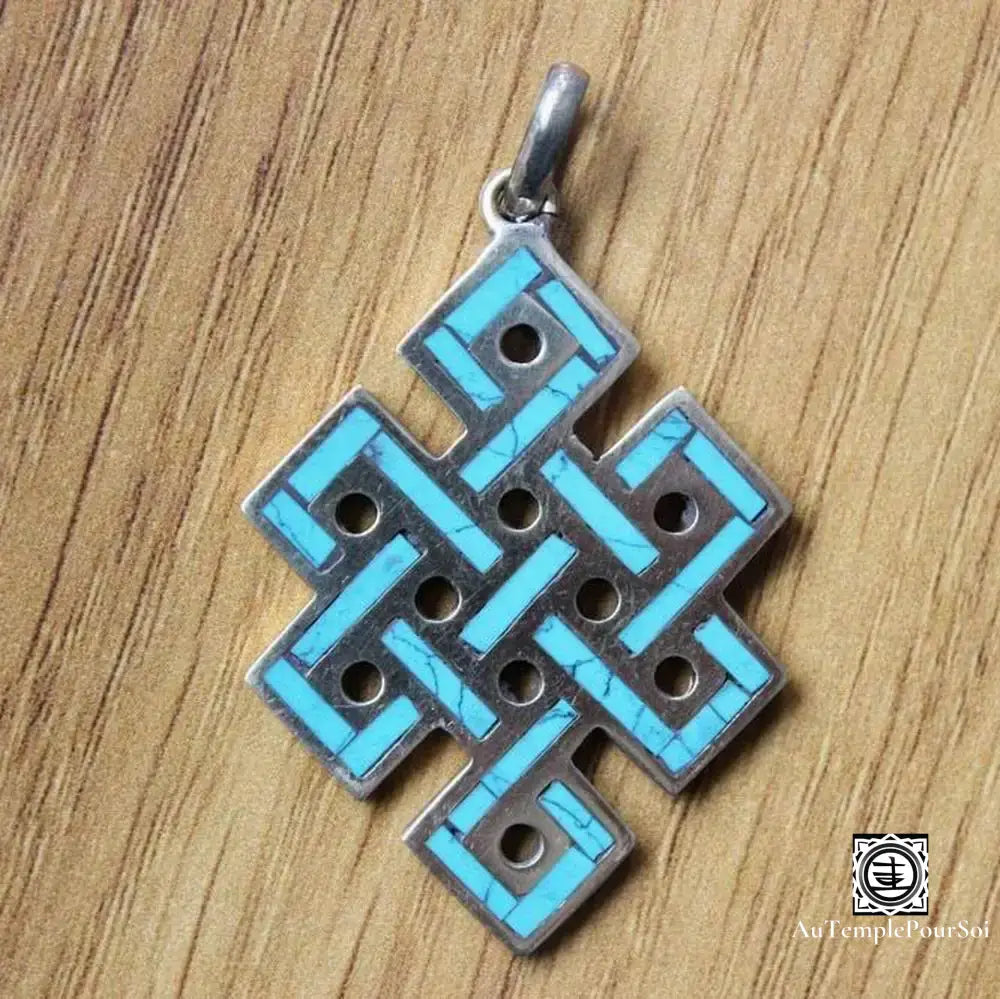 ’Lien Éternel’ - Pendentif Nœud Infini Tibétain En Turquoise Et Laiton Pendentif - Tibet