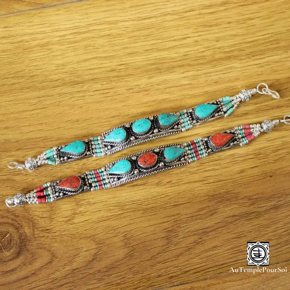 Manchette ’Esprit De Tsangpo’ En Cuivre Turquoise Et Corail Bracelet - Tibetain - Premium