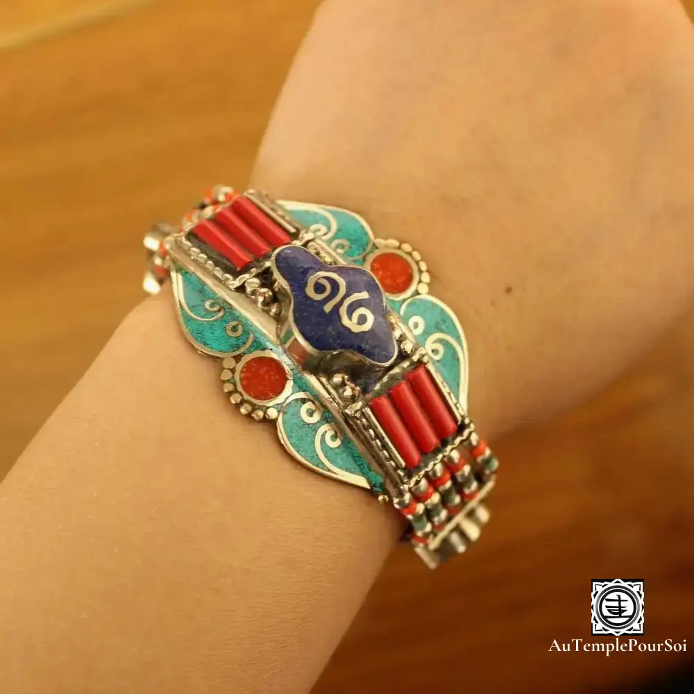 Manchette ’Symphonie De Samye’ En Cuivre Turquoise Lapis Et Corail Bracelet - Tibetain - Premium