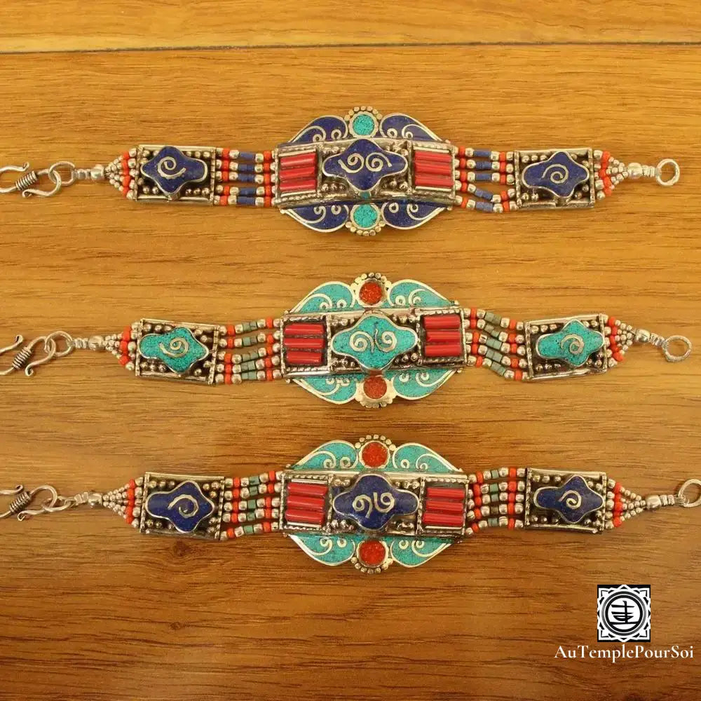 Manchette ’Symphonie De Samye’ En Cuivre Turquoise Lapis Et Corail Bracelet - Tibetain - Premium