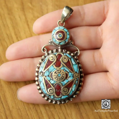 ’Mandala Céleste’ - Pendentif Tibétain En Cuivre Avec Turquoise Et Corail Pendentif - Tibet