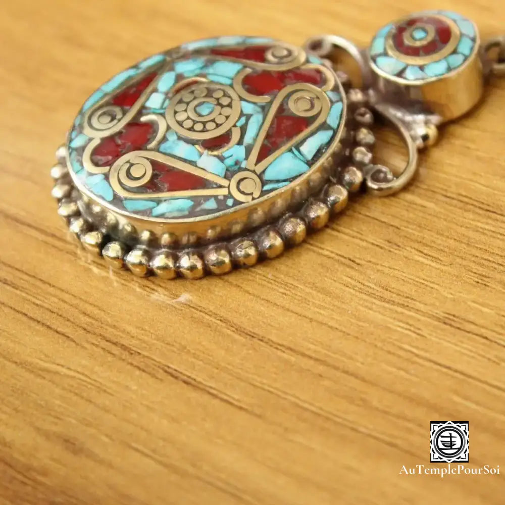 ’Mandala Céleste’ - Pendentif Tibétain En Cuivre Avec Turquoise Et Corail Pendentif - Tibet