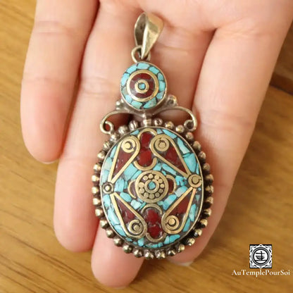 ’Mandala Céleste’ - Pendentif Tibétain En Cuivre Avec Turquoise Et Corail Pendentif - Tibet