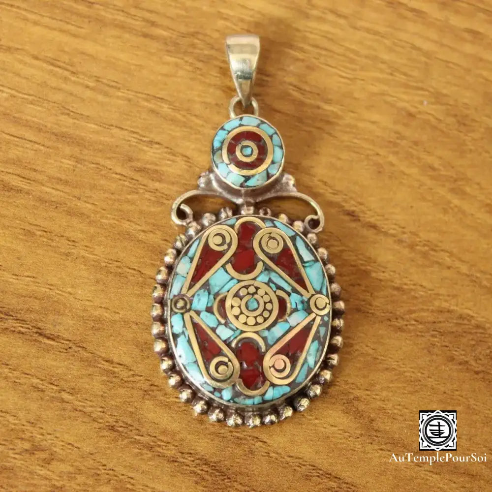 ’Mandala Céleste’ - Pendentif Tibétain En Cuivre Avec Turquoise Et Corail Pendentif - Tibet