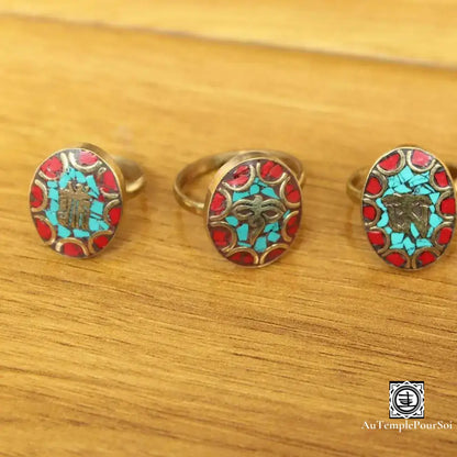 ’Palette De Shambala’ - Anneau En Laiton Avec Turquoise Et Jaspe Rouge Bague - Tibet