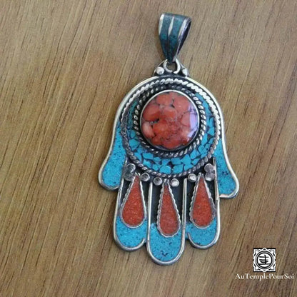 ’Palme Du Dharma’ - Pendentif Main De Bouddha En Turquoise Et Corail Pendentif - Tibet