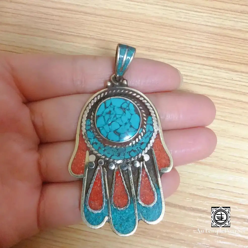 ’Palme Du Dharma’ - Pendentif Main De Bouddha En Turquoise Et Corail Pendentif - Tibet