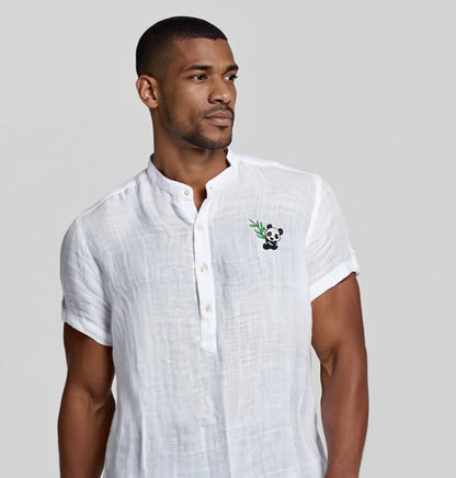 "Panda" et "Papillon" Chemise en lin à manches courtes avec col rond