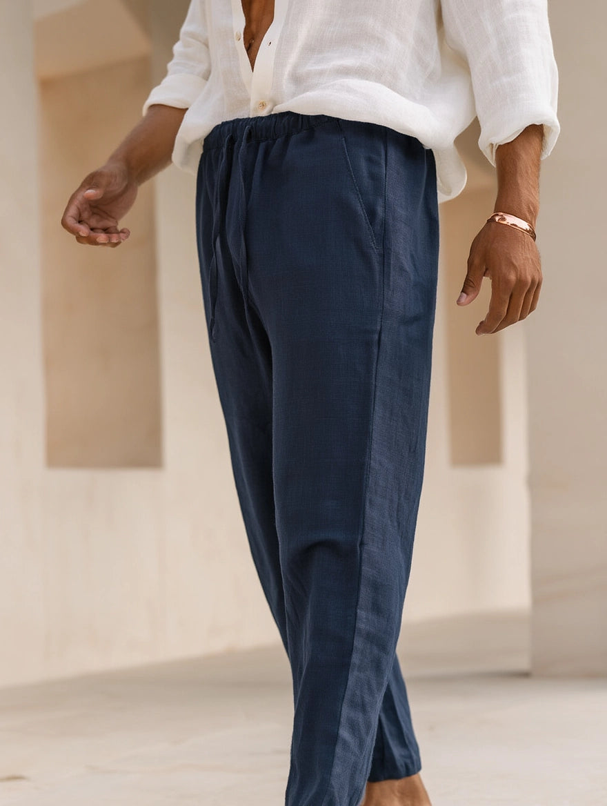 "Essence Marine" Pantalon en Lin Bleu