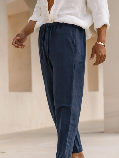 "Essence Marine" Pantalon en Lin Bleu