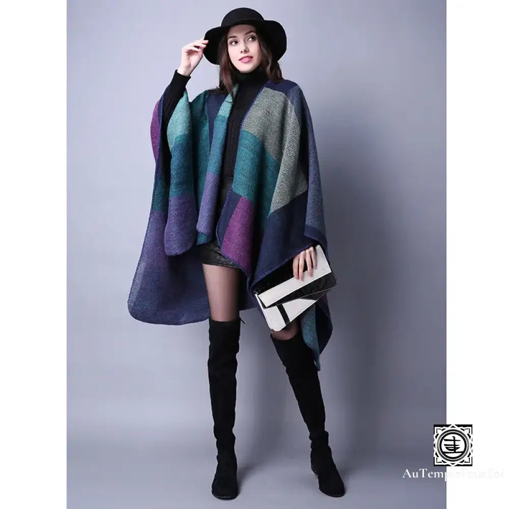 Poncho Tartan En Laine Douce Avec Motifs Géométriques 1 / One Size