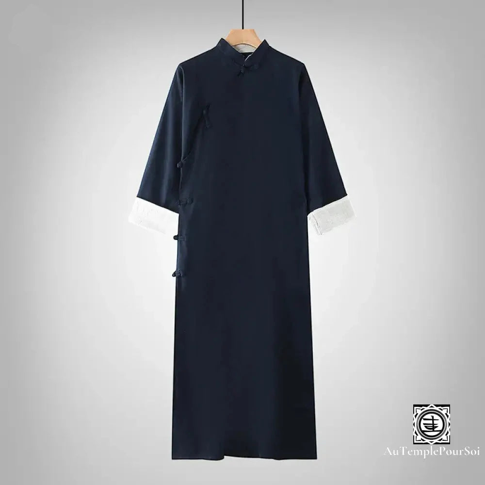 Robe Longue Traditionnelle En Coton Et Lin – Élégance Zen Unisexe Bleu Marine / S