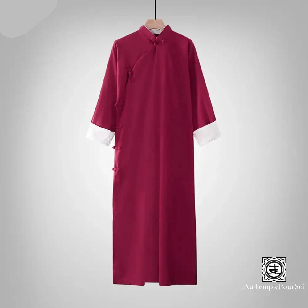 Robe Longue Traditionnelle En Coton Et Lin – Élégance Zen Unisexe Rouge Bordeaux / S