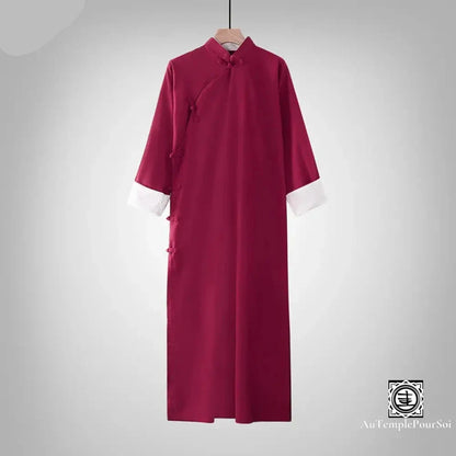 Robe Longue Traditionnelle En Coton Et Lin – Élégance Zen Unisexe Rouge Bordeaux / S