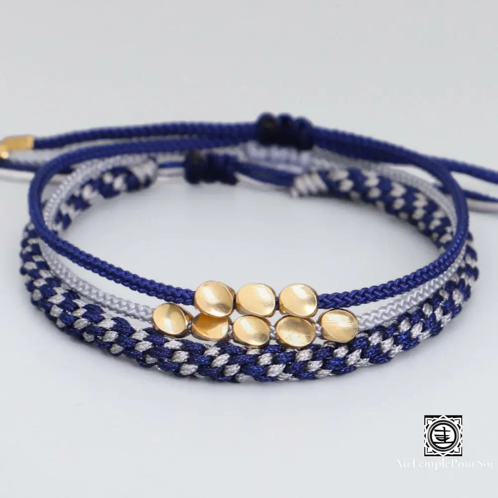 ’Trinité Tibétaine’ Bracelets Porte - Bonheur En Perles De Cuivre Bleu - Blanc