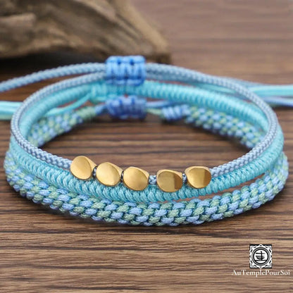 ’Trinité Tibétaine’ Bracelets Porte - Bonheur En Perles De Cuivre Bleu Ciel