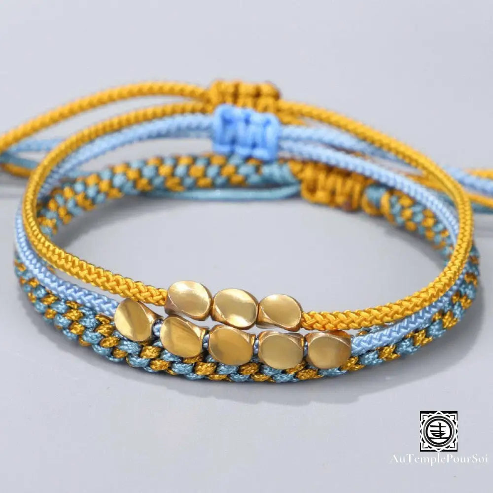 ’Trinité Tibétaine’ Bracelets Porte - Bonheur En Perles De Cuivre Bleu Ciel - Jaune