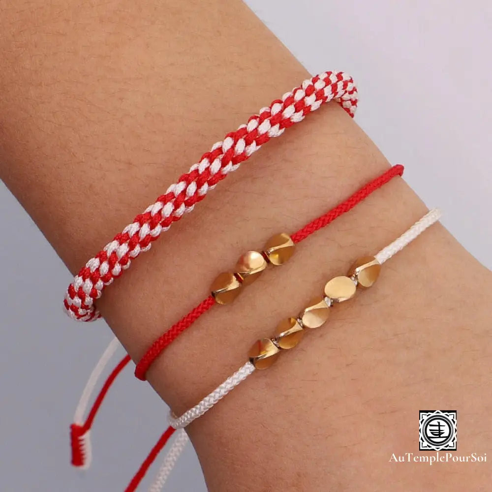 ’Trinité Tibétaine’ Bracelets Porte - Bonheur En Perles De Cuivre Rouge - Blanc