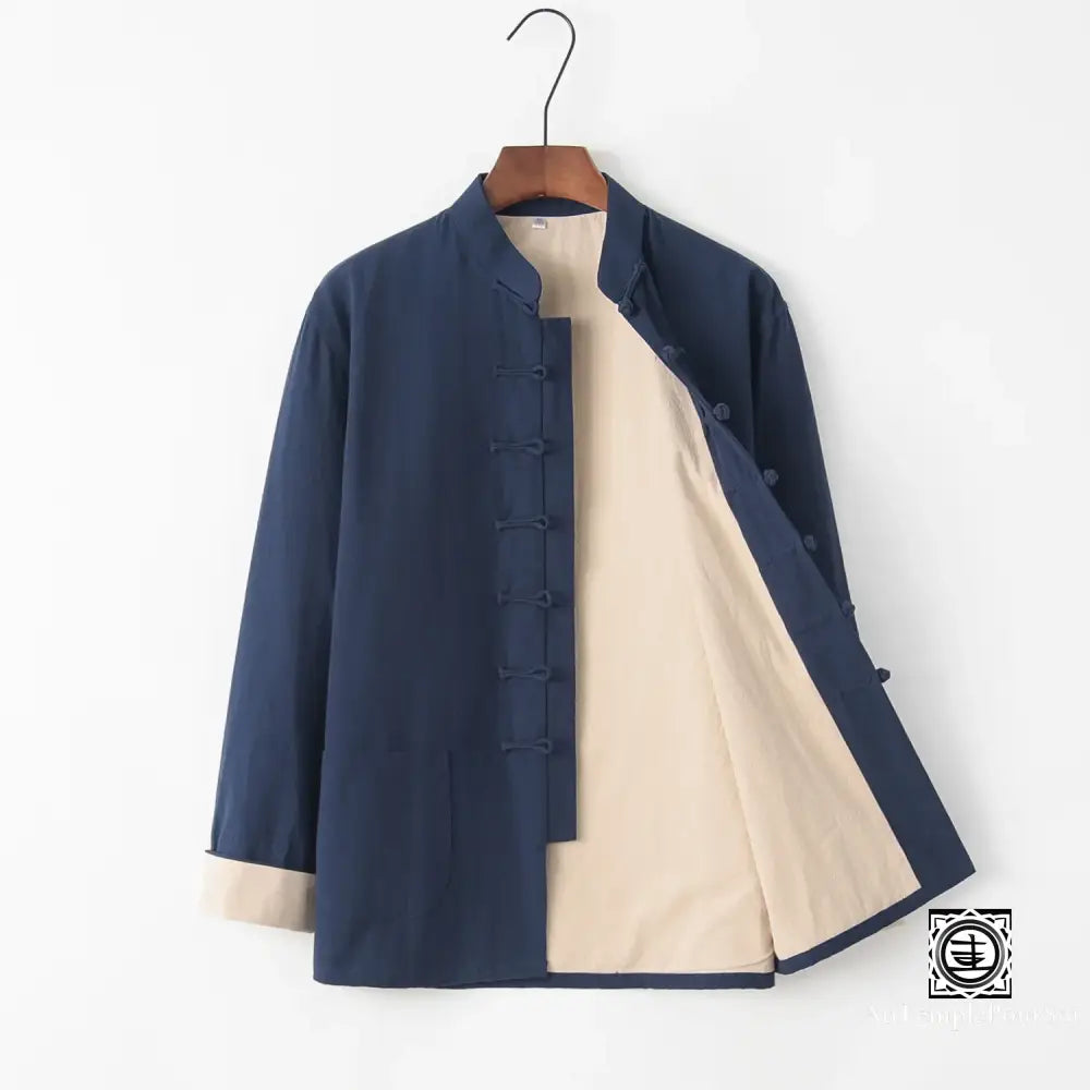 Veste Hanfu Traditionnelle En Lin Et Coton – Élégance Orientale Confort Bleu Marine / M