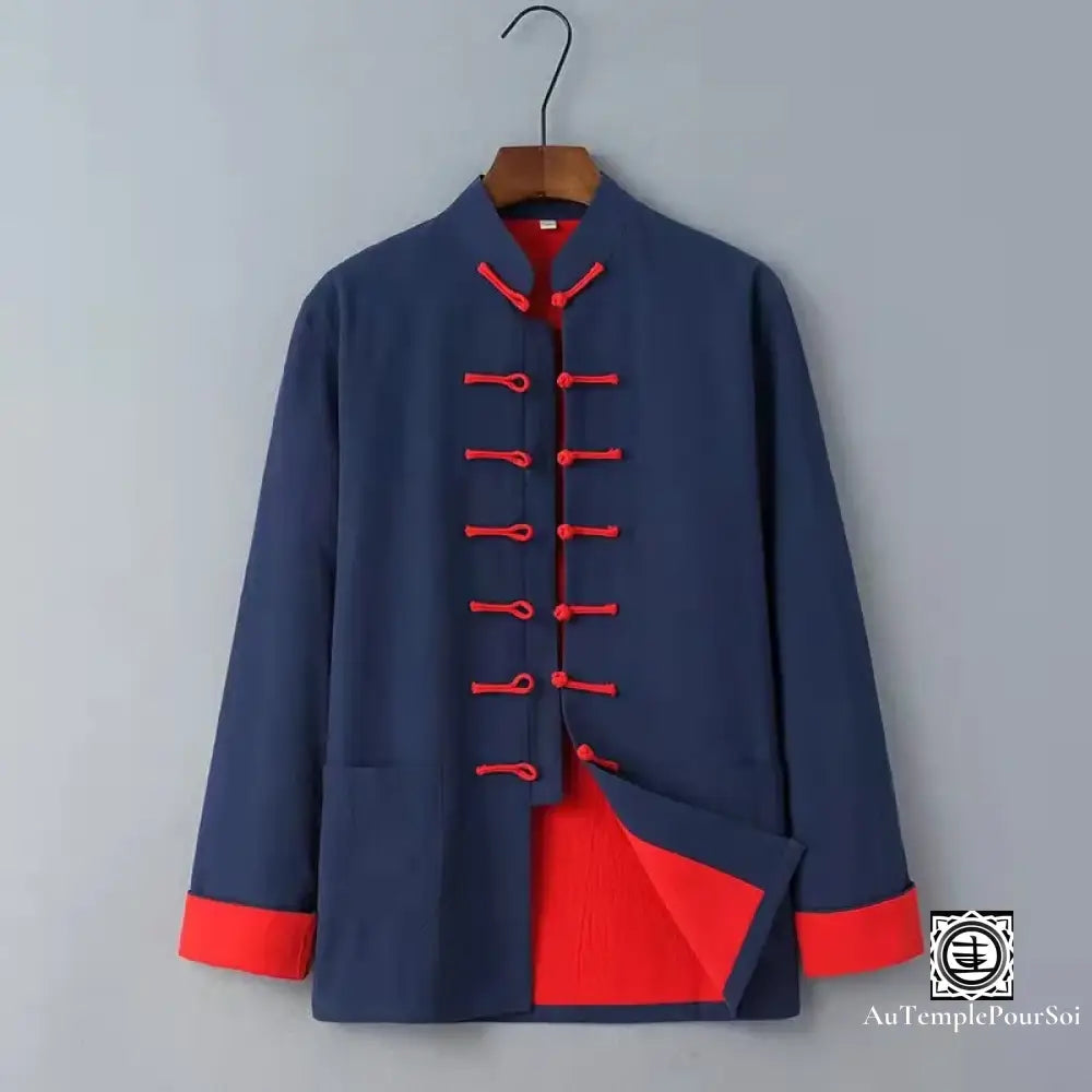 Veste Hanfu Traditionnelle En Lin Et Coton – Élégance Orientale Confort Bleu Marine Rouge / M