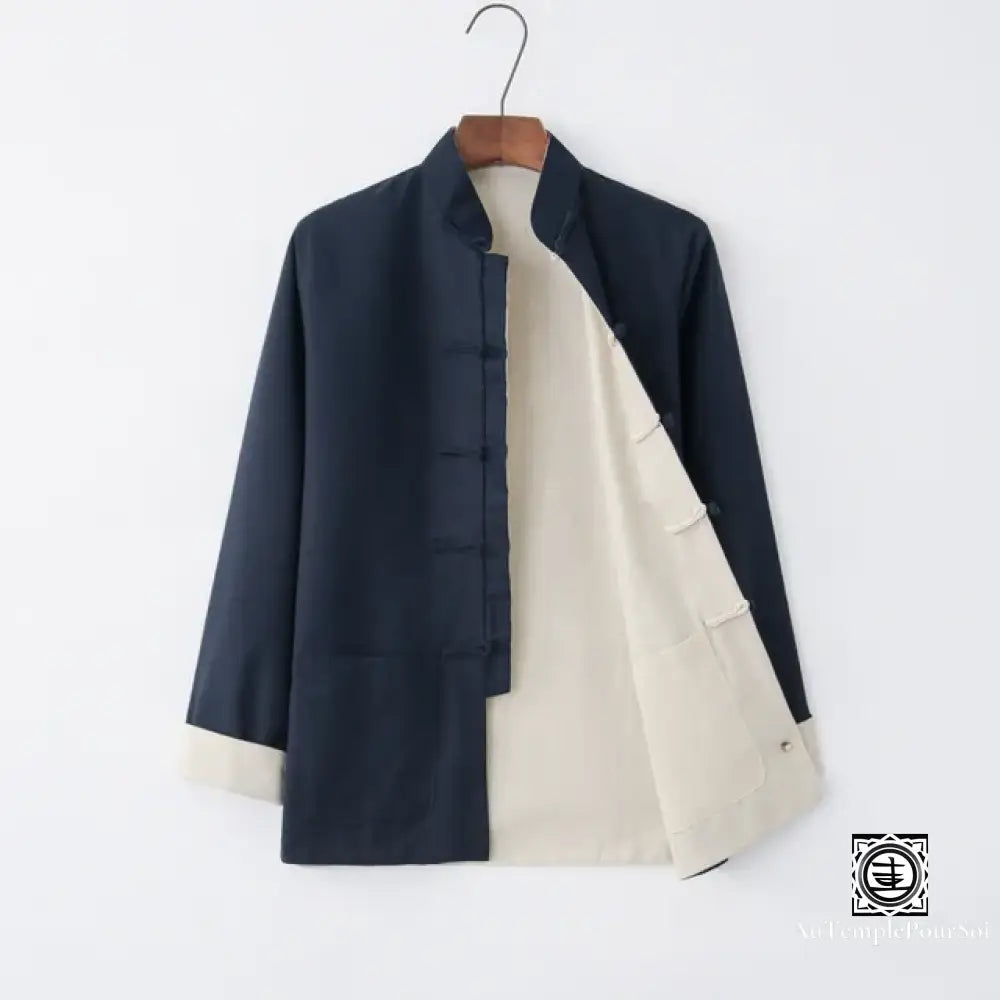 Veste Réversible En Lin Et Coton – Élégance Traditionnelle Polyvalence Bleu Marine / Blanc M