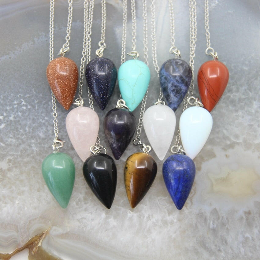 Natural Stone Healing Water Drop Pendulum Reiki Crystal Pendant Divination Cone Plated 